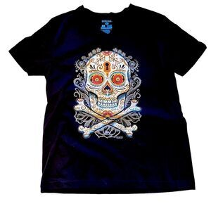 MARE BLUE DAY OF THE DEAD DESIGN SKULL TEE MENS LARGE WOMENS XL PLAYA DE…